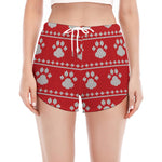 Christmas Paw Knitted Pattern Print Women's Split Running Shorts