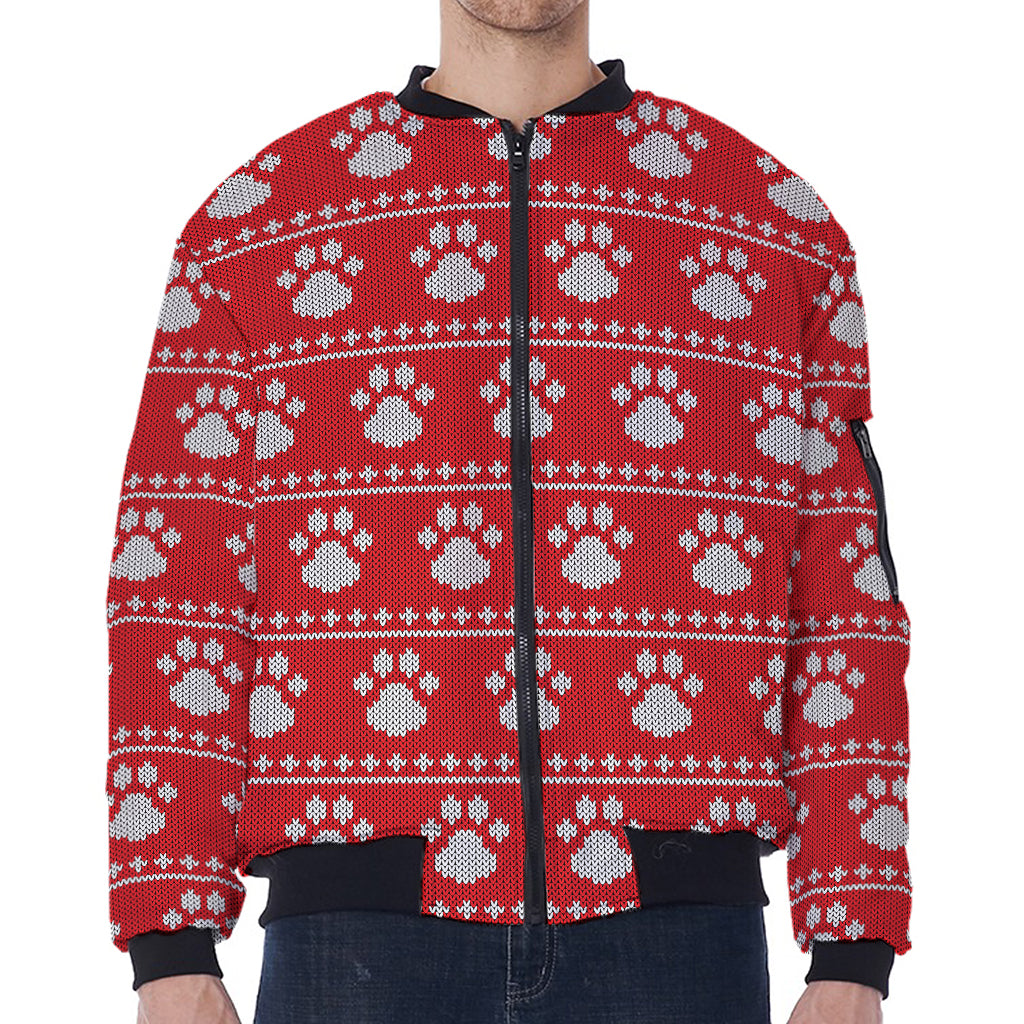 Christmas Paw Knitted Pattern Print Zip Sleeve Bomber Jacket