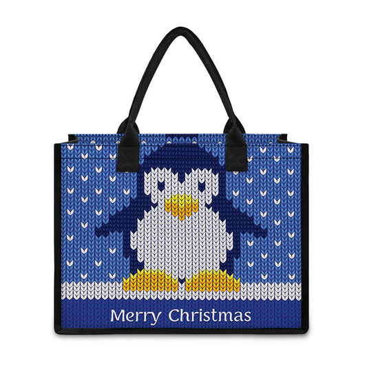 Christmas Penguin Knitted Print Canvas Tote Bag