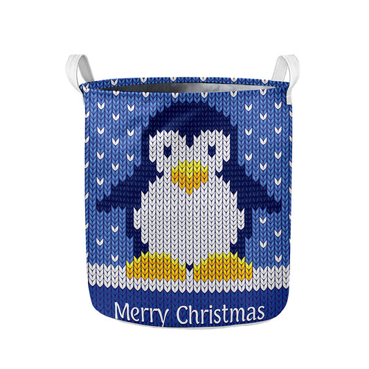 Christmas Penguin Knitted Print Collapsible Laundry Basket