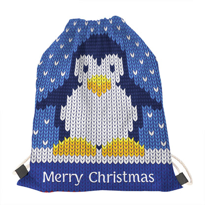 Christmas Penguin Knitted Print Drawstring Bag