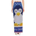Christmas Penguin Knitted Print High Slit Maxi Skirt