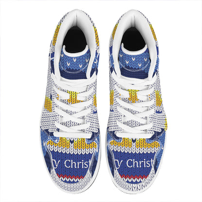 Christmas Penguin Knitted Print High Top Leather Sneakers