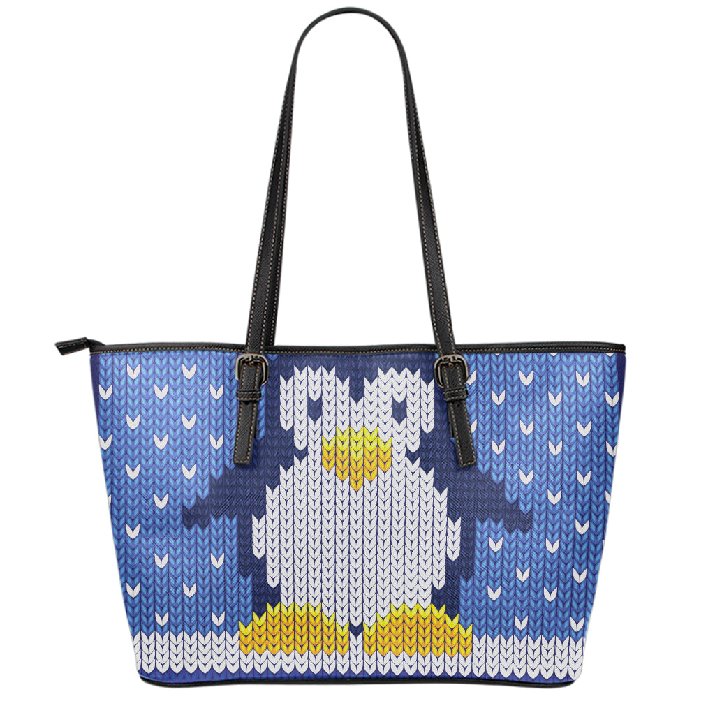 Christmas Penguin Knitted Print Leather Tote Bag