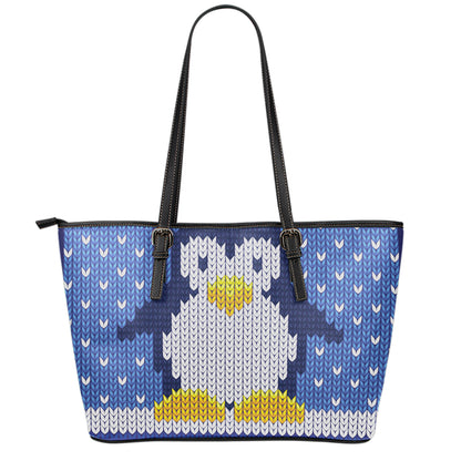 Christmas Penguin Knitted Print Leather Tote Bag