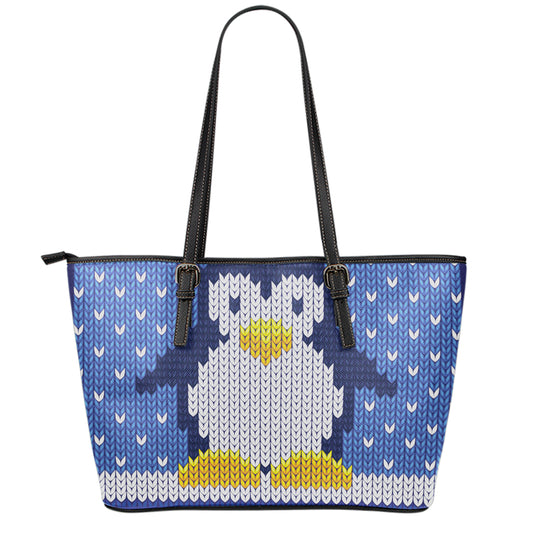 Christmas Penguin Knitted Print Leather Tote Bag