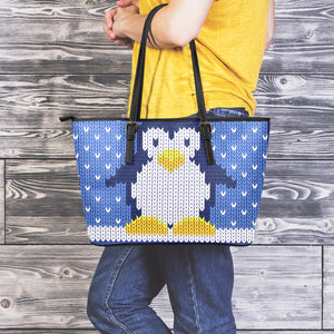 Christmas Penguin Knitted Print Leather Tote Bag