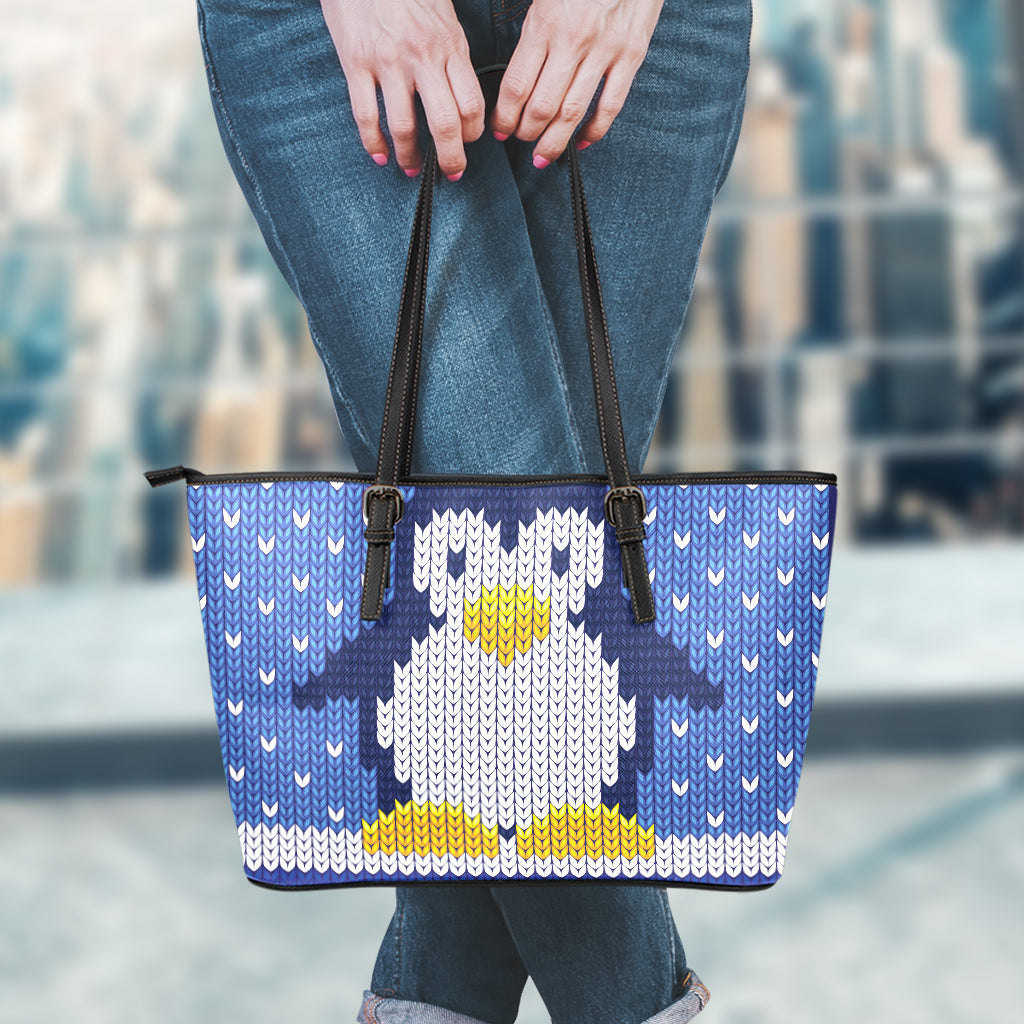 Christmas Penguin Knitted Print Leather Tote Bag