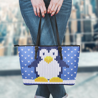 Christmas Penguin Knitted Print Leather Tote Bag