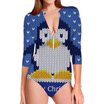 Christmas Penguin Knitted Print Long Sleeve Swimsuit