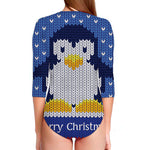 Christmas Penguin Knitted Print Long Sleeve Swimsuit