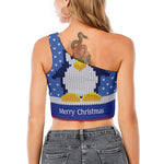 Christmas Penguin Knitted Print One Shoulder Crop Top