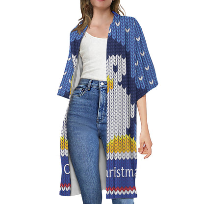 Christmas Penguin Knitted Print Open Front Beach Cover Up