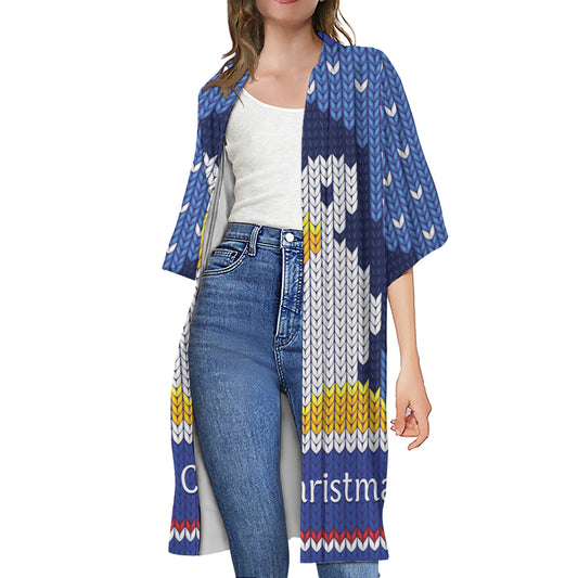 Christmas Penguin Knitted Print Open Front Beach Cover Up