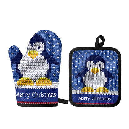 Christmas Penguin Knitted Print Oven Mitt And Pot Holder Set