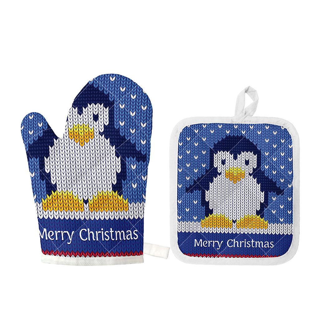 Christmas Penguin Knitted Print Oven Mitt And Pot Holder Set