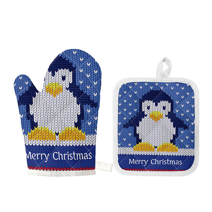 Christmas Penguin Knitted Print Oven Mitt And Pot Holder Set
