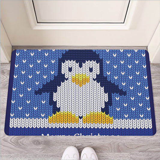 Christmas Penguin Knitted Print Rubber Doormat