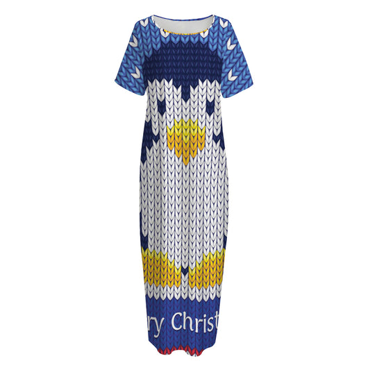 Christmas Penguin Knitted Print Short Sleeve Long Nightdress