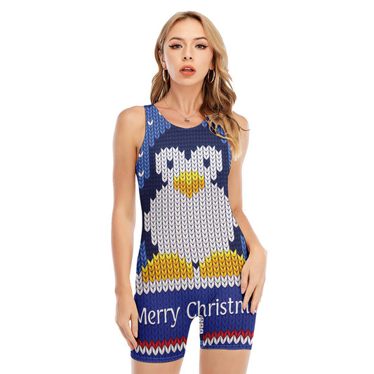 Christmas Penguin Knitted Print Sleeveless One Piece Swimsuit