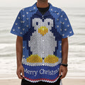 Christmas Penguin Knitted Print Textured Short Sleeve Shirt