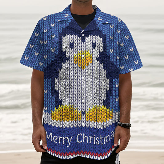 Christmas Penguin Knitted Print Textured Short Sleeve Shirt