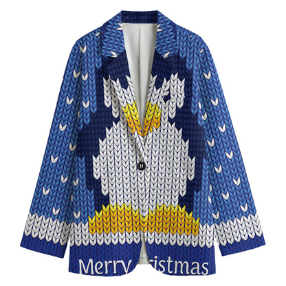Christmas Penguin Knitted Print Women's Blazer