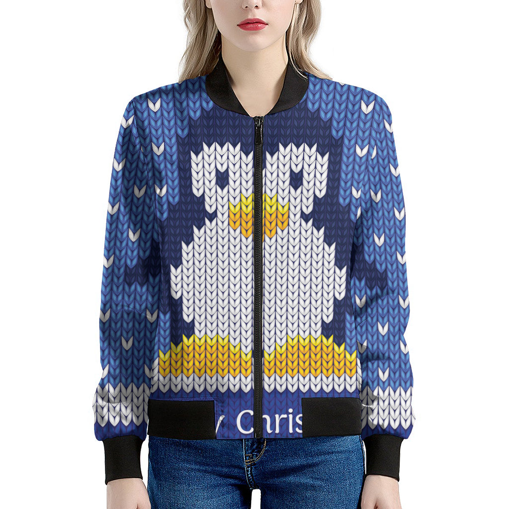 Christmas Penguin Knitted Print Women's Bomber Jacket