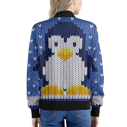 Christmas Penguin Knitted Print Women's Bomber Jacket