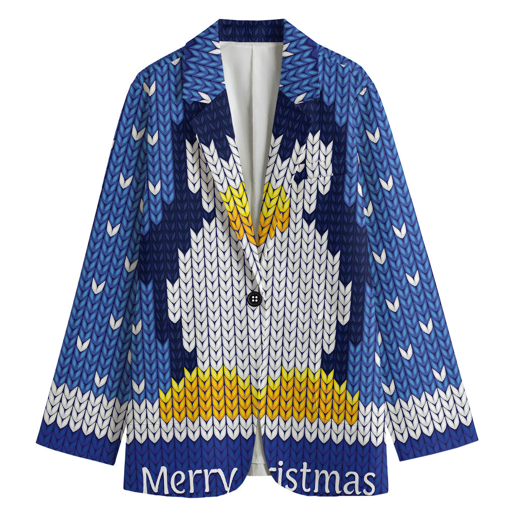 Christmas Penguin Knitted Print Women's Cotton Blazer