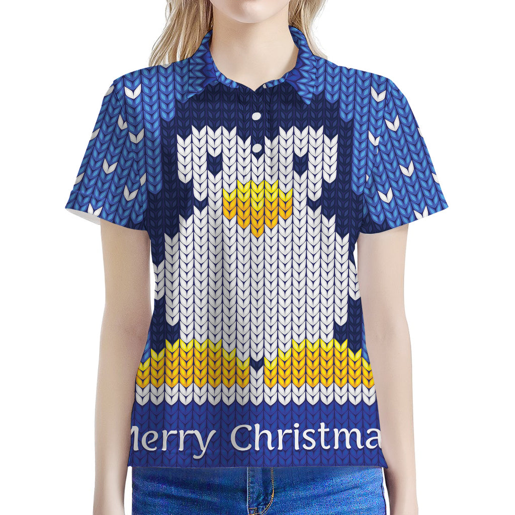 Christmas Penguin Knitted Print Women's Polo Shirt