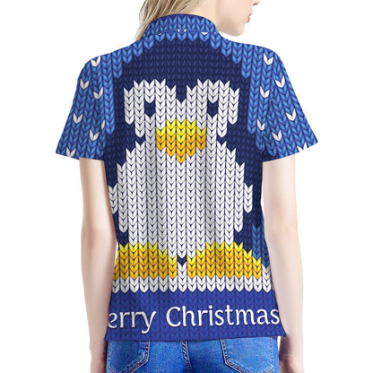 Christmas Penguin Knitted Print Women's Polo Shirt