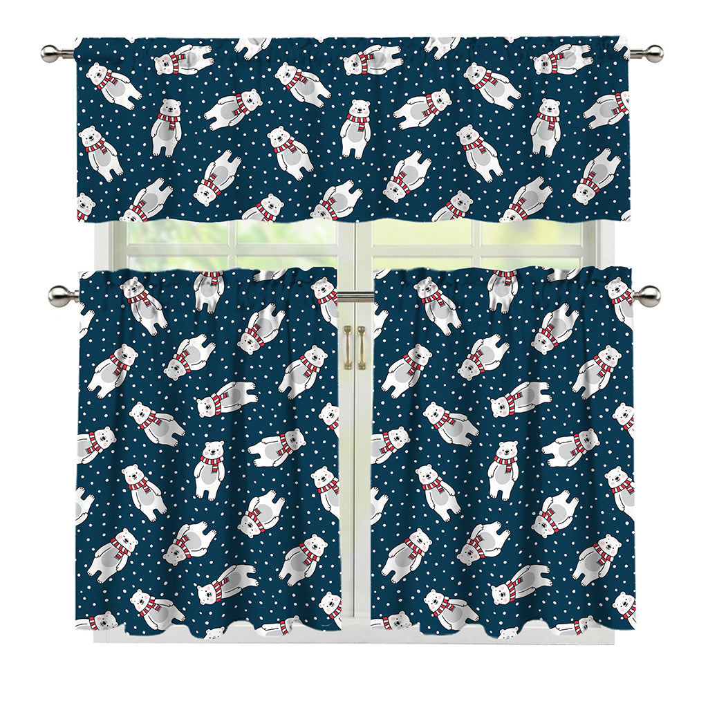Christmas Polar Bear Pattern Print 3 Piece Kitchen Curtains