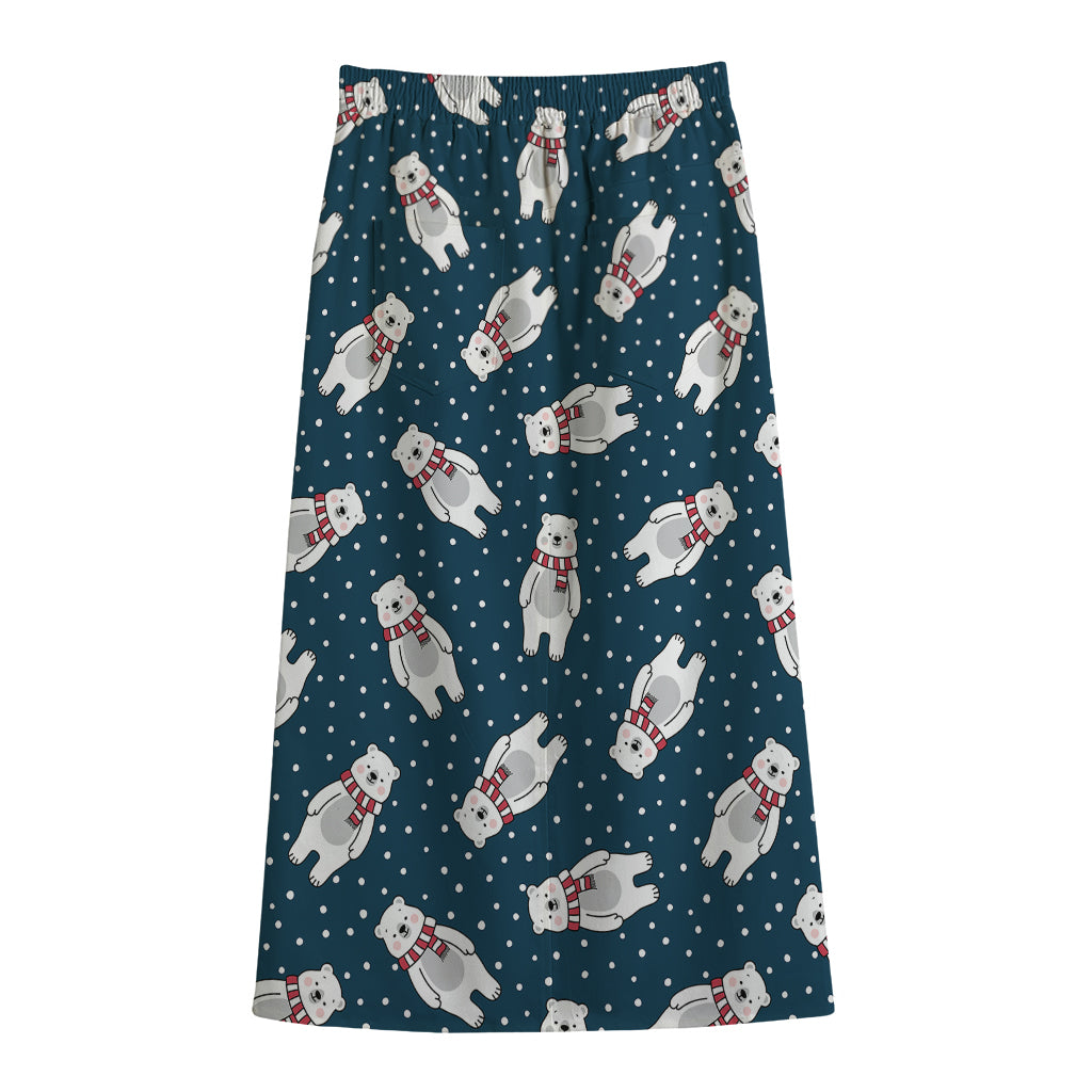 Christmas Polar Bear Pattern Print Cotton Front Slit Maxi Skirt