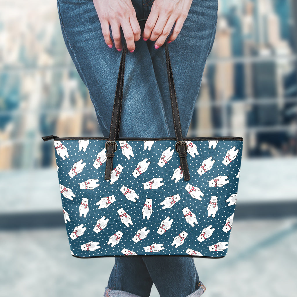 Christmas Polar Bear Pattern Print Leather Tote Bag