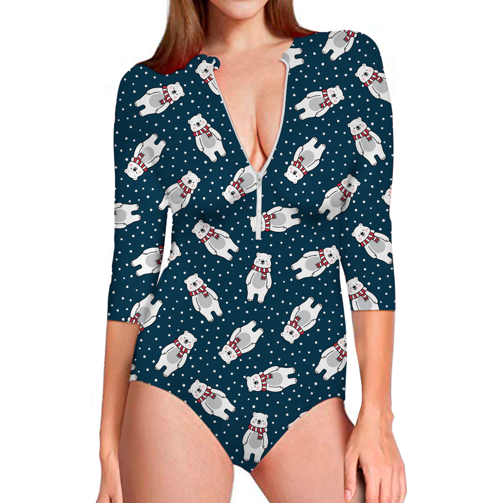 Christmas Polar Bear Pattern Print Long Sleeve Swimsuit