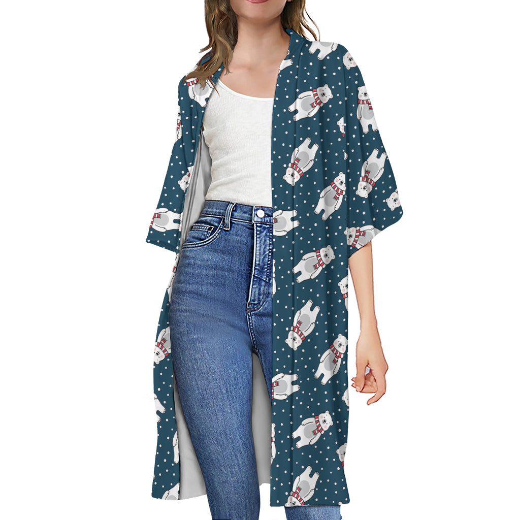 Christmas Polar Bear Pattern Print Open Front Beach Cover Up