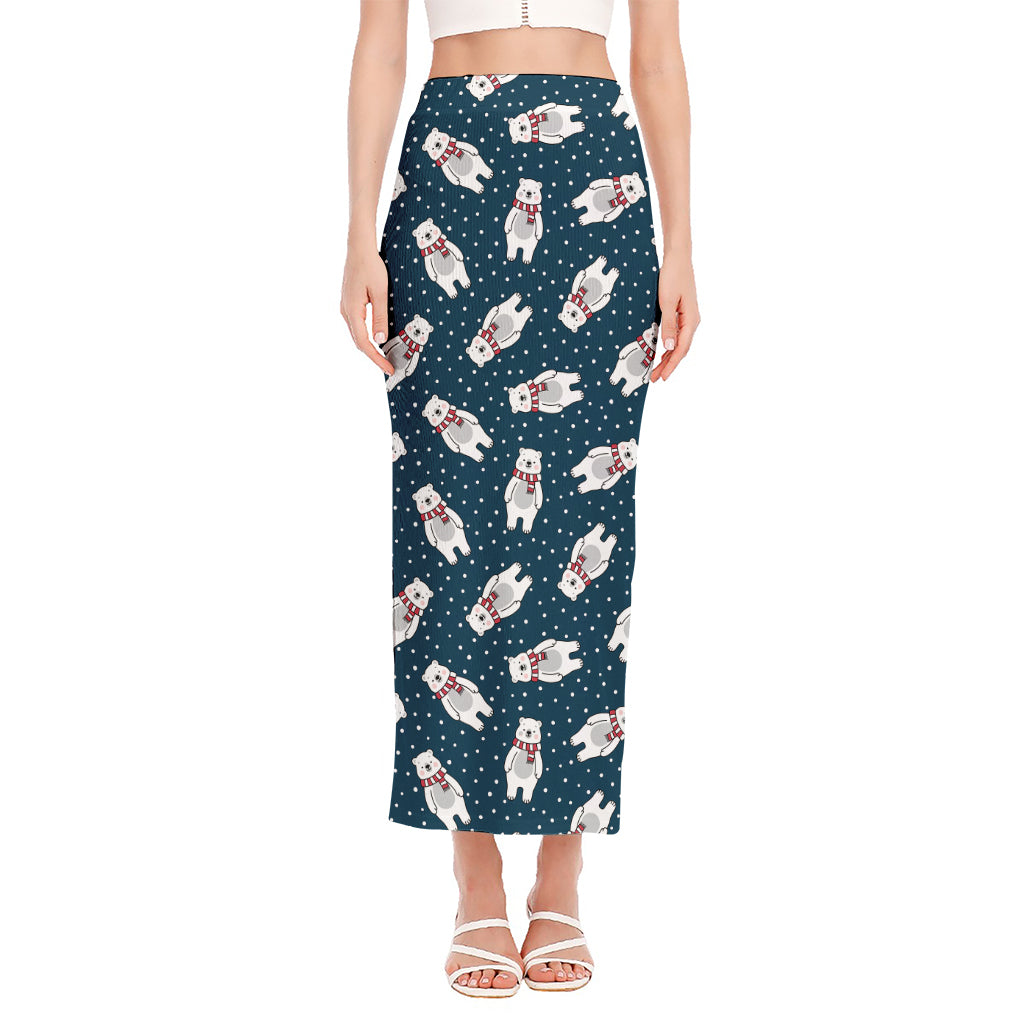 Christmas Polar Bear Pattern Print Side Slit Maxi Skirt