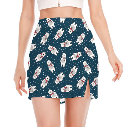 Christmas Polar Bear Pattern Print Side Slit Mini Skirt