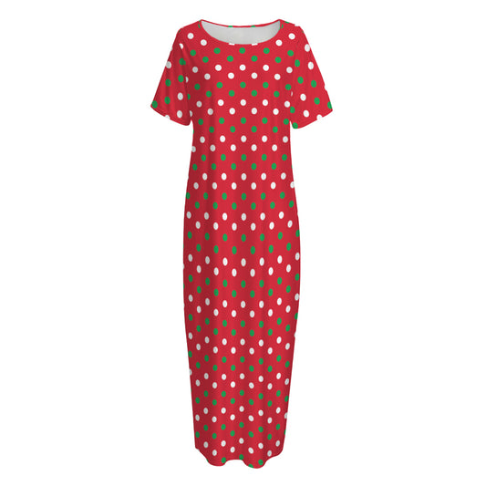 Christmas Polka Dot Pattern Print Short Sleeve Long Nightdress