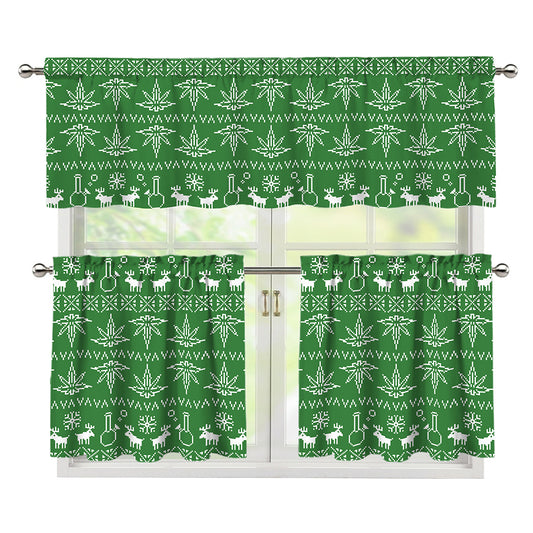 Christmas Pot Leaf Pattern Print 3 Piece Kitchen Curtains