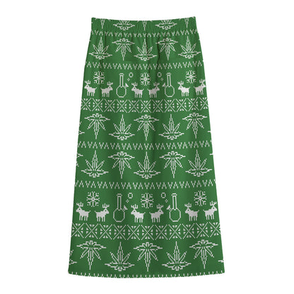 Christmas Pot Leaf Pattern Print Cotton Front Slit Maxi Skirt