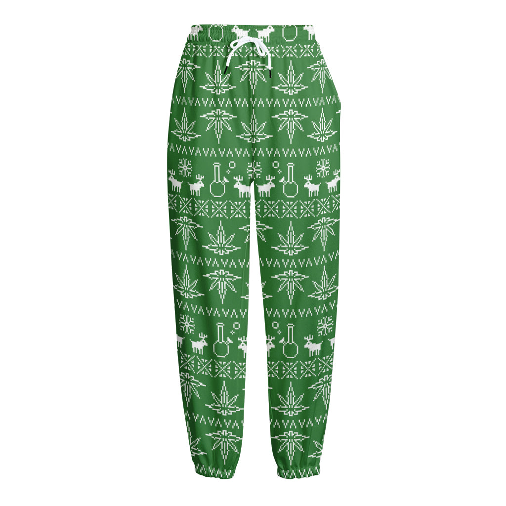 Christmas Pot Leaf Pattern Print Fleece Lined Knit Pants