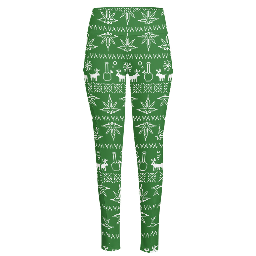 Christmas Pot Leaf Pattern Print High-Waisted Pocket Leggings