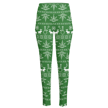 Christmas Pot Leaf Pattern Print High-Waisted Pocket Leggings