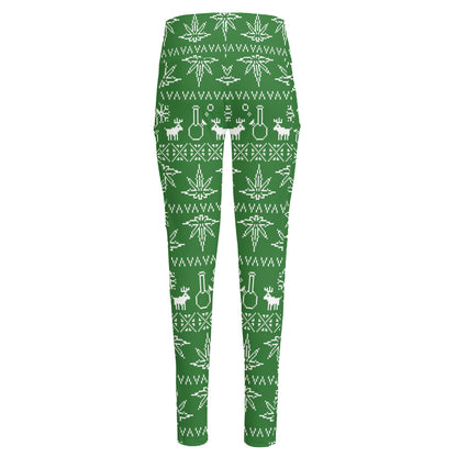 Christmas Pot Leaf Pattern Print High-Waisted Pocket Leggings