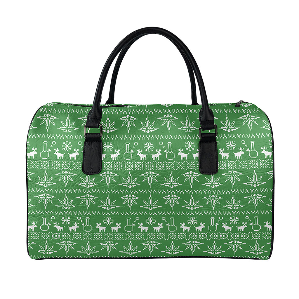 Christmas Pot Leaf Pattern Print Leather Duffle Bag