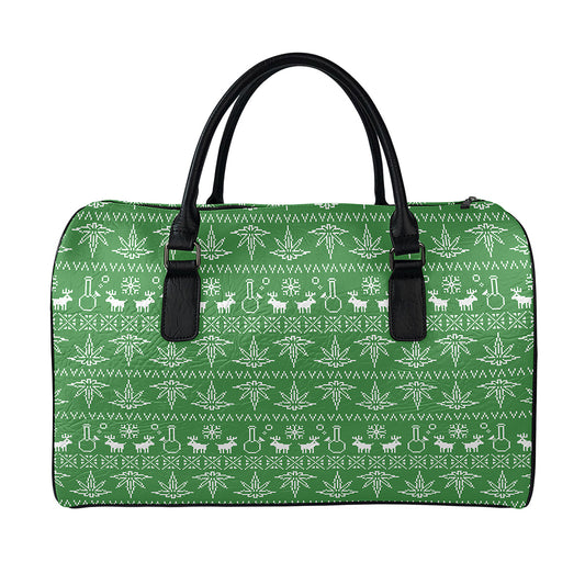 Christmas Pot Leaf Pattern Print Leather Duffle Bag