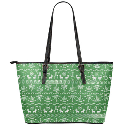 Christmas Pot Leaf Pattern Print Leather Tote Bag