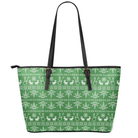 Christmas Pot Leaf Pattern Print Leather Tote Bag
